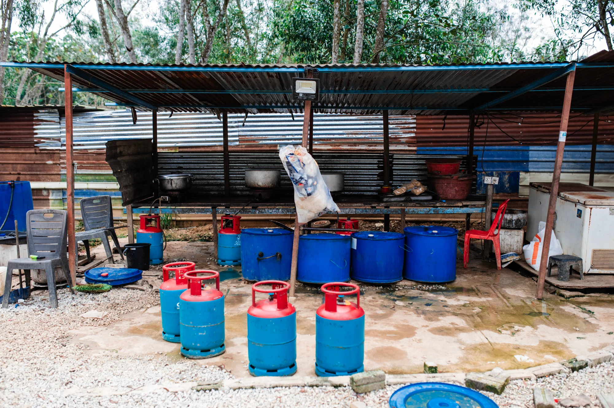 Outdoor kitchen where meals are cooked for the shelter dogs